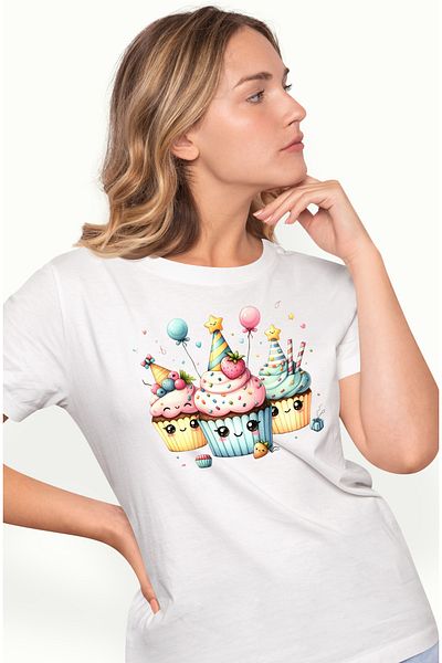 StoryGift Romania Tricou Femei cu mai multe briose vesele, ilustratie, prajituri, baloane, petrece WHT_XS