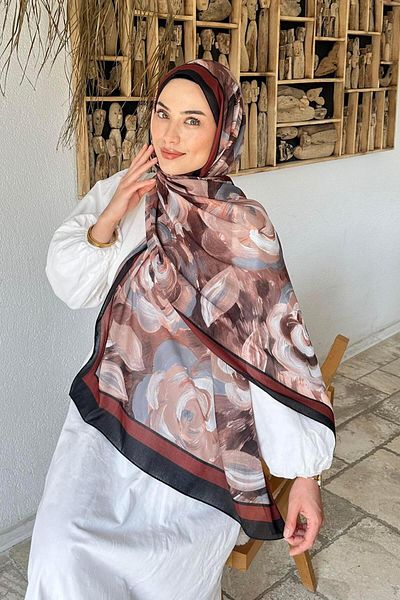 lamelif Flower Pattern Cotton Shawl Black Brown