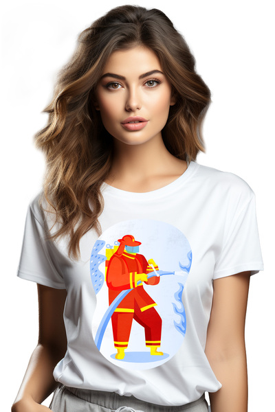 StoryGift Romania Tricou Femei Cu Pompier, Furtun, Costum, Multicolor cu imprimeu pe Fata, 100% B WHT_XL