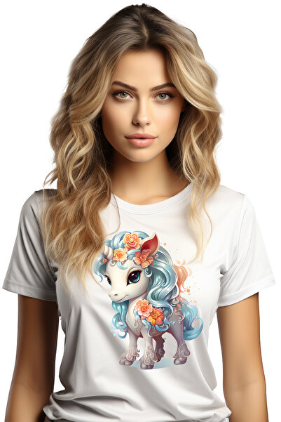 StoryGift Romania Tricou Femei cu un unicorn serios, ilustratie, floricele, p...