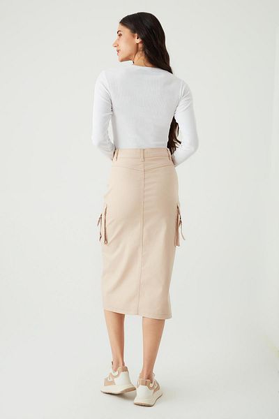 Select Moda Women's Beige Cargo Pocket Slit Midi Skirt
