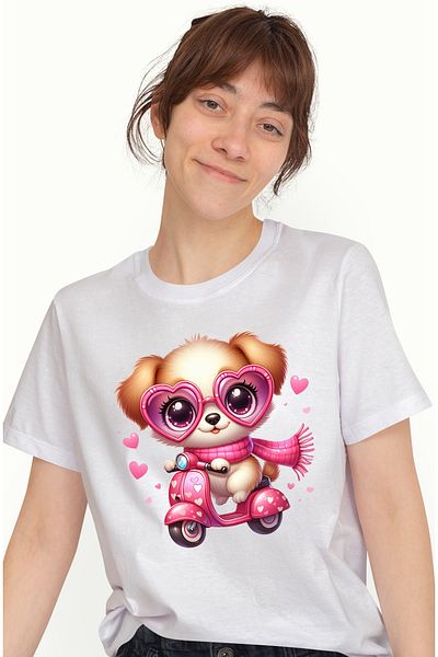StoryGift Romania Tricou Femei cu o catelusa care se plimba cu scuterul, ilustratie, viteza, condu WHT_L