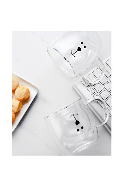 Herum Set of 4 double-walled mugs, teddy bear pattern, heat-resistant, Transparent, 260 ml