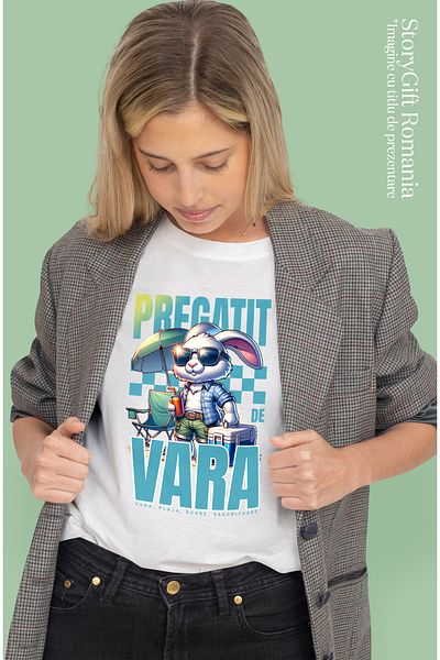 StoryGift Romania Tricou Femei Iepure Pregatit de Vara - Plaja, Soare, Racoritoare, cu imprimeu p WHT_XS