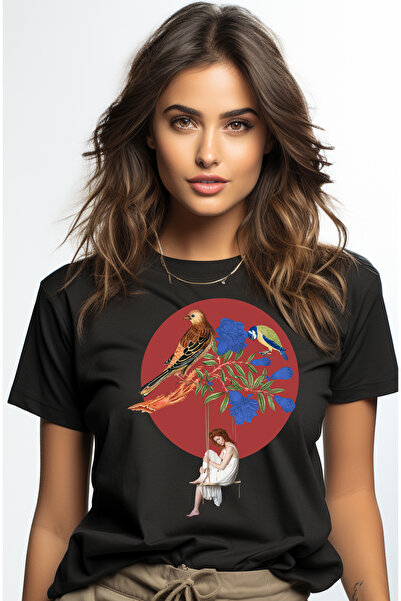 StoryGift Romania Tricou Femei Cu Arta Abstracta, Femeie, Pasari, Leagan, Rochie, Creanga, Multico BLK_XL