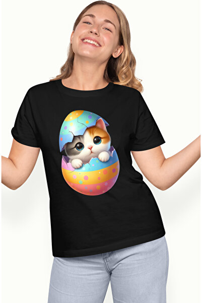 StoryGift Romania Tricou Femei cu o pisicuta vesela care iese dintr-un ou spa...