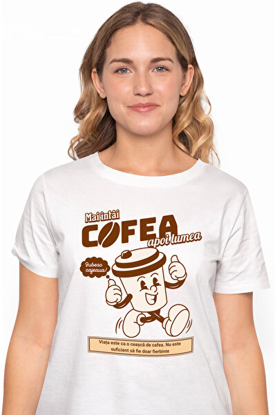 StoryGift Romania Tricou Femei Pahar de cafea zambitor iubesc cafeaua mai int...