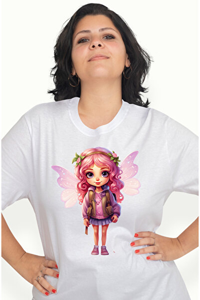 StoryGift Romania Tricou Femei cu o fetita cu aripi de zana, ilustratie, par roz, floricele, fusta WHT_L