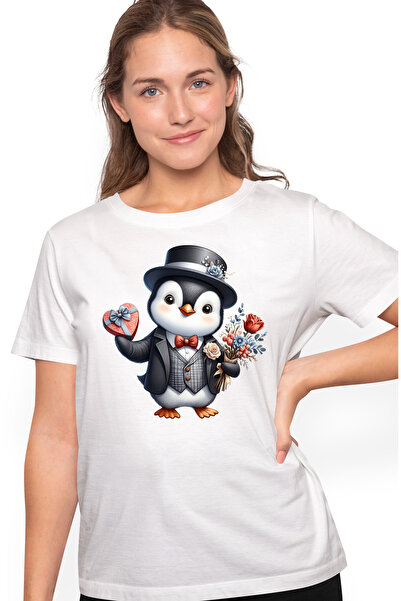 StoryGift Romania Tricou Femei cu un pinguin la costum care tine un buchet cu...