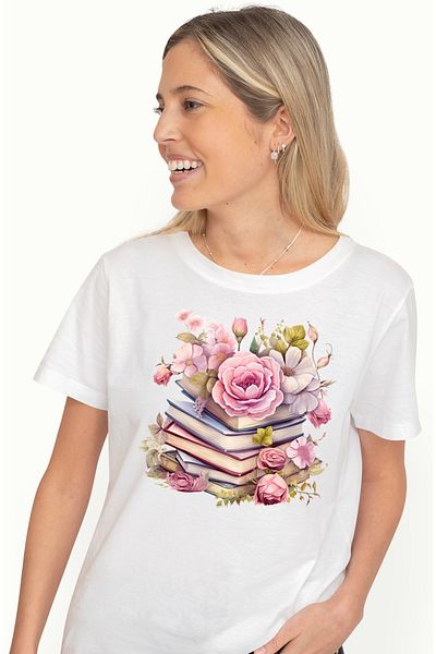 StoryGift Romania Tricou Femei cu un teanc cu carti, ilustratie, flori, roz, lectura, plante, imag WHT_XS