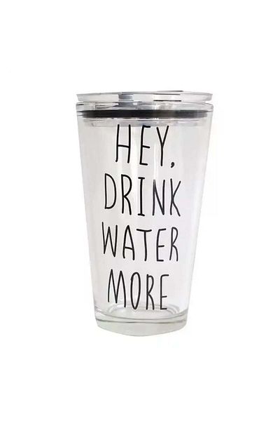 PUFO Cană de cafea transparentă Drink Water cu capac, 450 ml