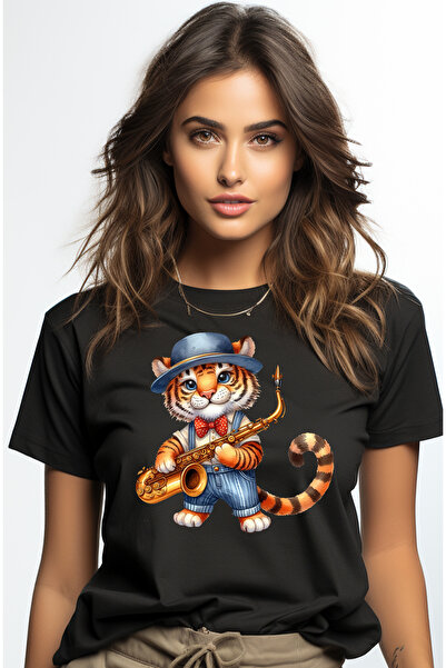 StoryGift Romania Tricou Femei cu un pui de tigru vesel care tine un saxofon,...