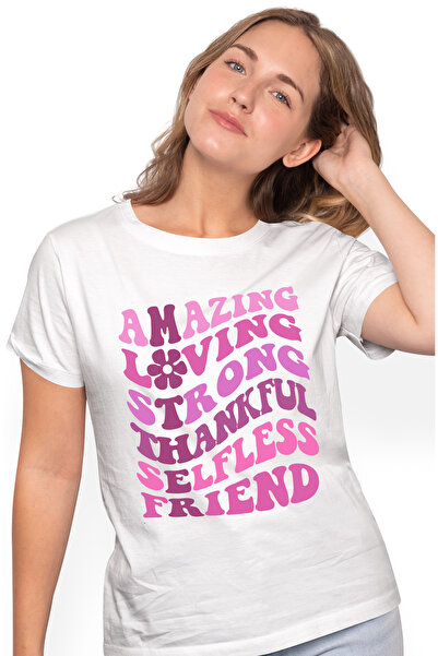 StoryGift Romania Tricou Femei Cu Text In Engleza Amazing Loving Strong Thankful Selfless Friend, WHT_L