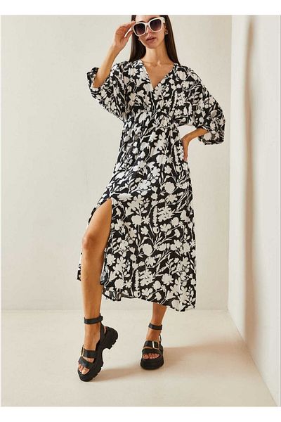 Stil Sepeti Rochie de damă, alb-negru, cu imprimeu floral, cu guler dublu, cu talie elastică TLL-10001019