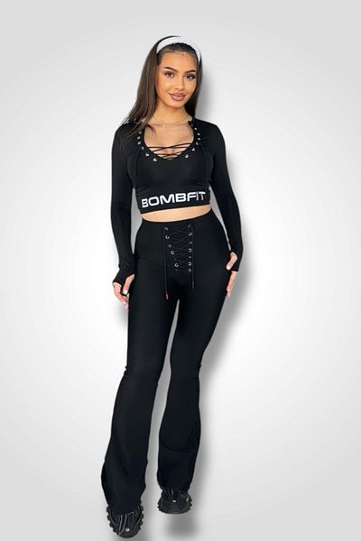 BOMBFIT Black Premium High Waisted String Flared Pants