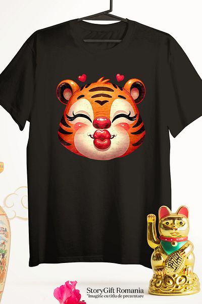 StoryGift Romania Women's T-shirt with a female tiger giving a kiss, illustration, hearts, happiness BLK_L