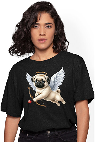 StoryGift Romania Tricou Femei cu un catel Pug, ilustratie, trage cu arcul, sageata otravita, indr BLK_L