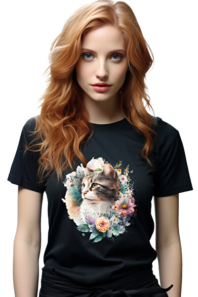 StoryGift Romania Tricou Femei cu o pisica serioasa, ilustratie, priveste in ...