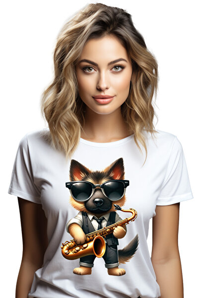 StoryGift Romania Tricou Femei cu un caine lup care canta la saxofon, ilustratie, ochelari, pentru WHT_XS