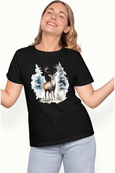 StoryGift Romania Tricou Femei cu un cerb in padure, ilustratie, natura, braz...