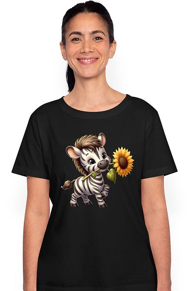 StoryGift Romania Women's T-shirt with a zebra holding a flower, sunflower, illustration, animal BLK_XL