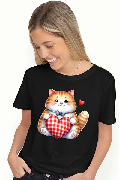 StoryGift Romania Women's T-shirt with a fat cat, orange and white fur, illustration, heart BLK_M