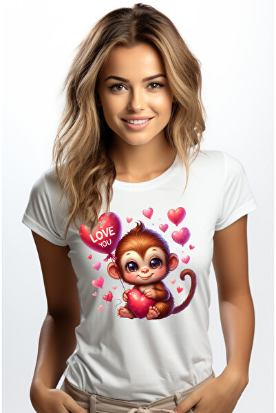 StoryGift Romania Tricou Femei cu o maimutica fericita care tine o inima, ilustratie, balon cu mes WHT_XL