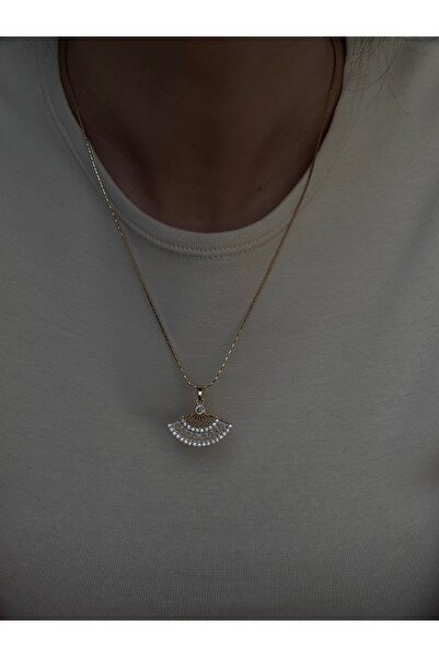 mysteriajewelry Gold Zincir Taş ve İşleme Detaylı Yelpaze Kolye