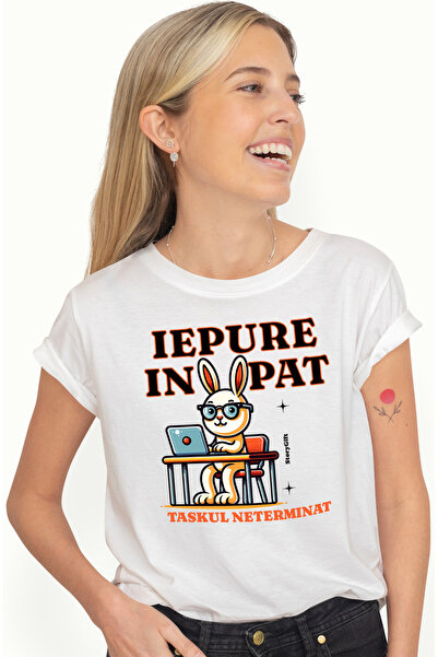 StoryGift Romania Tricou Femei iepure lucreaza de acasa in pat task netermina...
