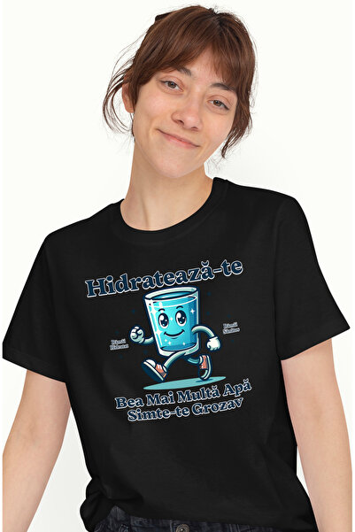 StoryGift Romania Tricou Femei pahar cu apa zambaret hidrateaza-te cu imprime...