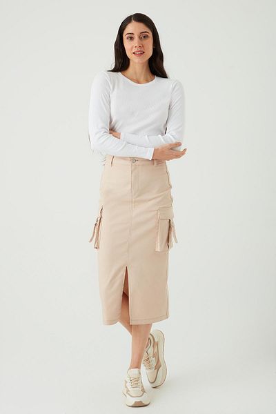 Select Moda Women's Beige Cargo Pocket Slit Midi Skirt