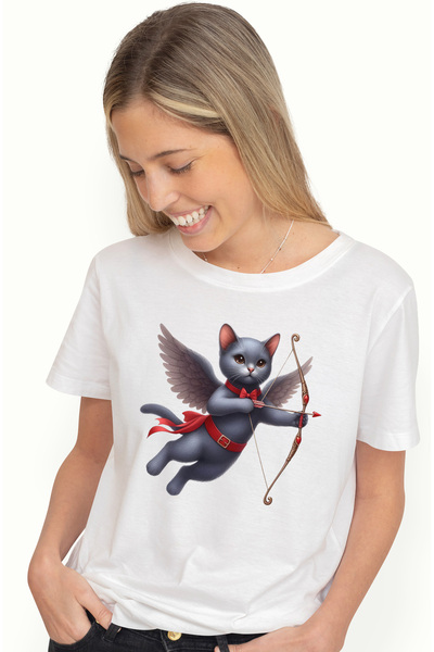 StoryGift Romania Tricou Femei cu o pisica serioasa Cupidon, ilustratie, trage cu arcul, aripi, zb WHT_M