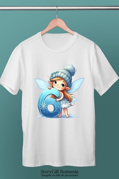 StoryGift Romania Tricou Femei cu o zana micuta care tine cifra "6", ilustratie, scoala, matematic WHT_M