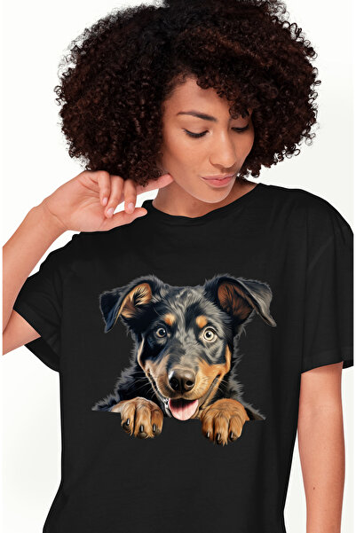 StoryGift Romania Tricou Femei cu un catel bucuros, ilustratie, fericire, lab...