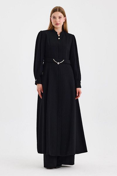 Zühre Judge Collar Accessory Detailed Black Overcoat 13583