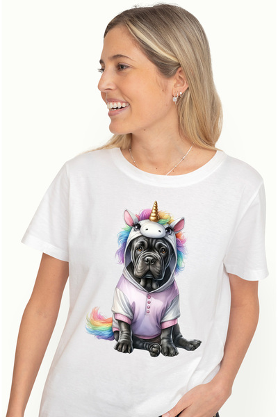 StoryGift Romania Tricou Femei cu un catelel Boxer deghizat in unicorn, ilustratie, hanorac, putin WHT_XL