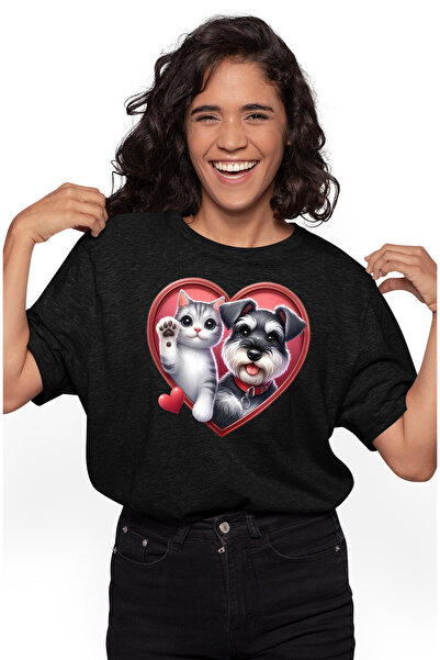 StoryGift Romania Tricou Femei cu o pisicuta care face cu mana si un catel blanos, ilustratie, cad BLK_M