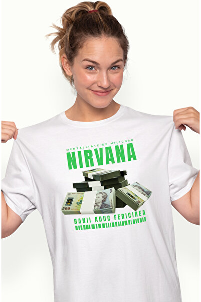 StoryGift Romania Tricou Femei Nirvana - Banii Aduc Fericirea, cu imprimeu pe Fata, 100% Bumbac, WHT_L