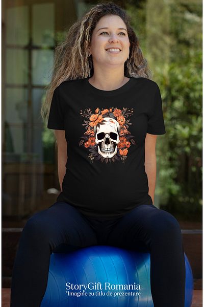 StoryGift Romania Women's T-shirt with a skull, illustration, orange flowers, plants, abstract, nature BLK_L,STG58669