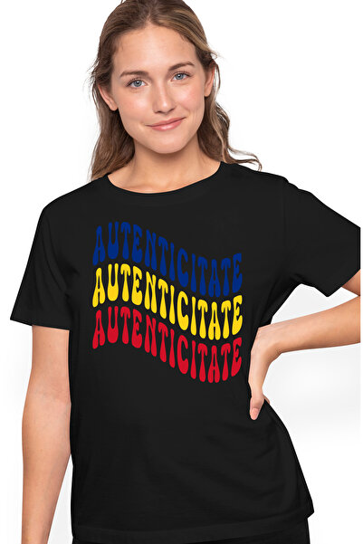 StoryGift Romania Tricou Femei Cuvantul Autenticitate, in Culorile Steagului Romaniei, Rosu, Galbe BLK_M