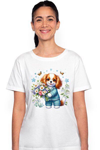 StoryGift Romania Tricou Femei cu un catel care tine un buchet cu flori, ilustratie, fluturasi, gh WHT_M