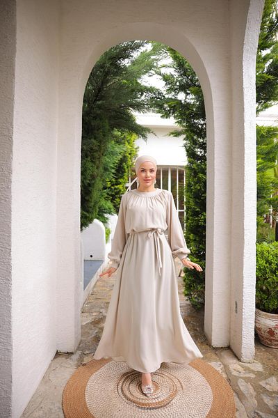 H HİJAB CENTER Stone Raglan Sleeve Gathered Dress 5089