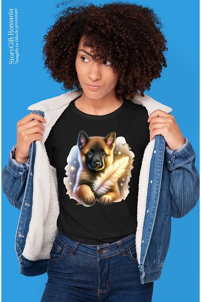 StoryGift Romania Tricou Femei cu un catel lup care tine in mana o pana "fermecata", ilustratie, s BLK_XL