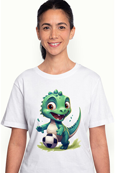 StoryGift Romania Tricou Femei cu un dinozaur verde care joaca fotbal, ilustr...