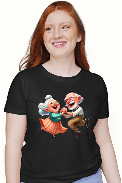 StoryGift Romania Tricou Femei cu o bunicuta si un bunic, ilustratie, danseaza si se simt bine, fe BLK_XL