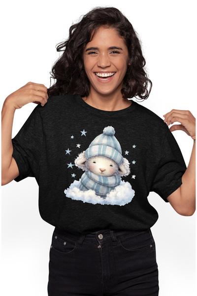 StoryGift Romania Tricou Femei cu o oita somnoroasa, ilustratie, stelute, norisor, imbracata gros, BLK_S