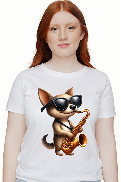StoryGift Romania Tricou Femei cu un catel vesel care canta la saxofon, ilustratie, ochelari, pent WHT_XS