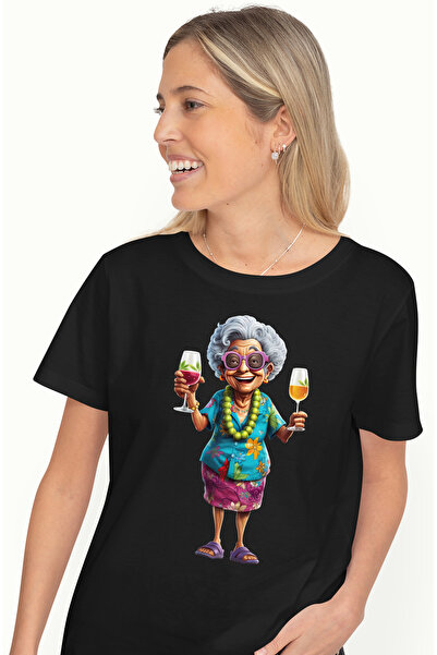 StoryGift Romania Tricou Femei cu o bunicuta vesela, ilustratie, in Hawaii, tine 2 pahare cu bautu BLK_L