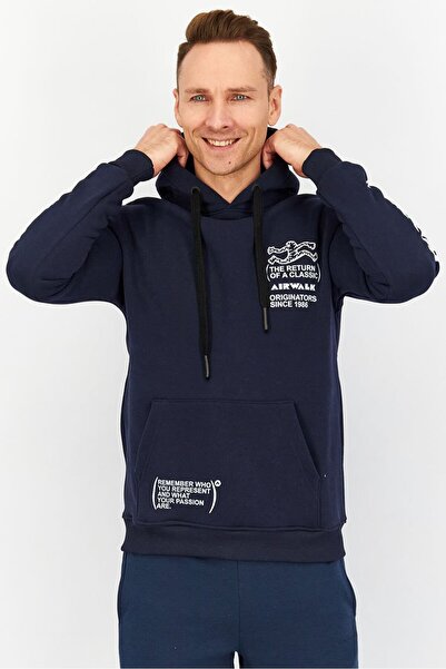 Airwalk Men Hooded Drawstring Printed Sweatshirt, Navy Blue