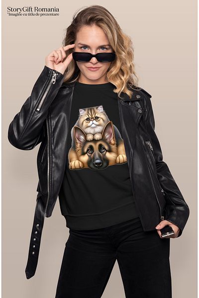 StoryGift Romania Tricou Femei cu o pisicuta si un catelus, ilustratie, prietenie, intelegere, juc BLK_L
